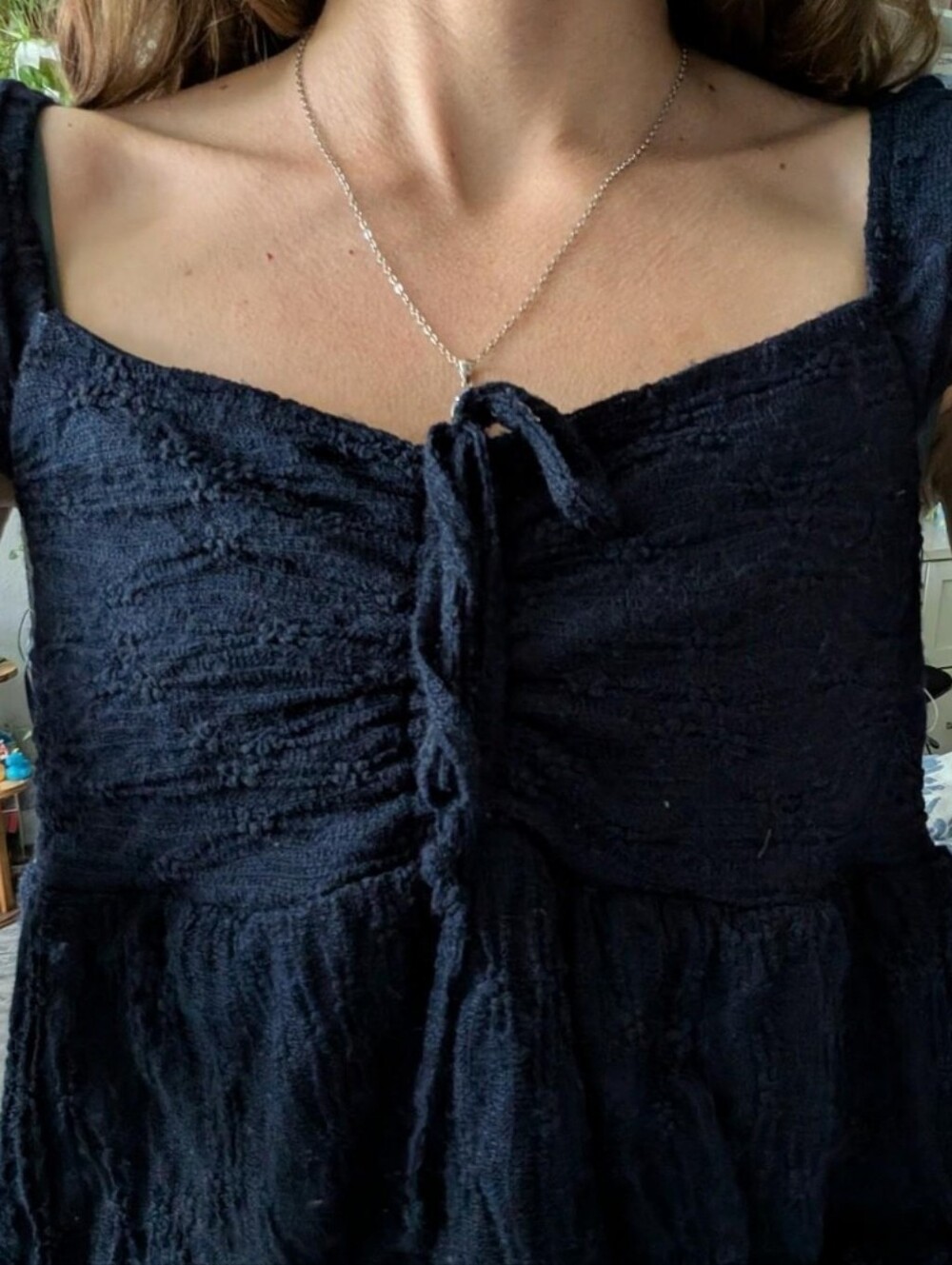 Ruched Square Neck Tie-Front Babydoll Camisole in Navy